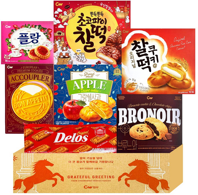 청우 인기과자 선물세트 (초코파이찰떡+찰떡쿠키+플랑딸기+브루느와+그랑쉘사과+아꾸뿔레+델로스), 1박스, 청우과자선물세트 7종