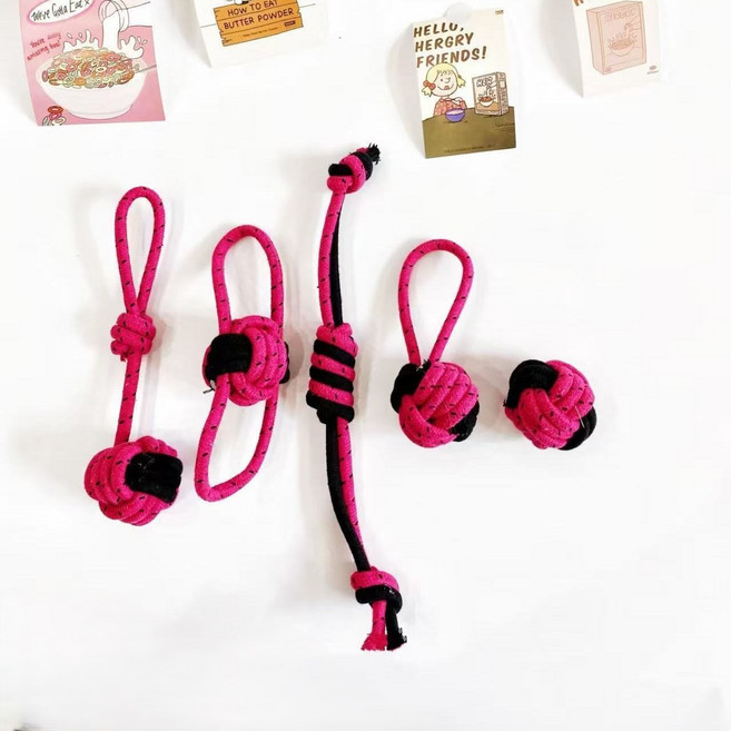 FURENDO 강아지 로프 장난감 매듭형 터그놀이 치아관리 스트레스 해소 소형견 중형견 대형견 사용 가능, 5세트, 로즈핑크 + 블랙 배색