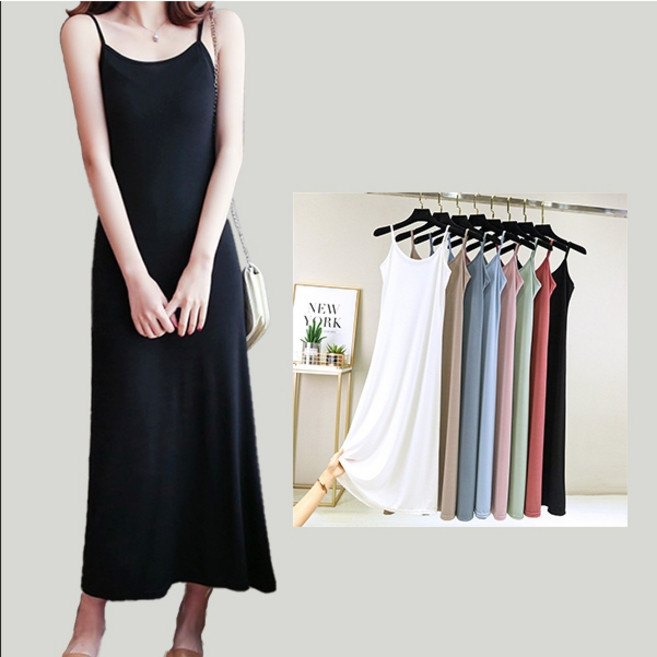 SISI長款冰絲涼感連衣裙 D23051 親膚圓領素面無袖細肩帶居家洋裝打底裙背心裙內搭外穿顯瘦修身, 綠,XL, 綠