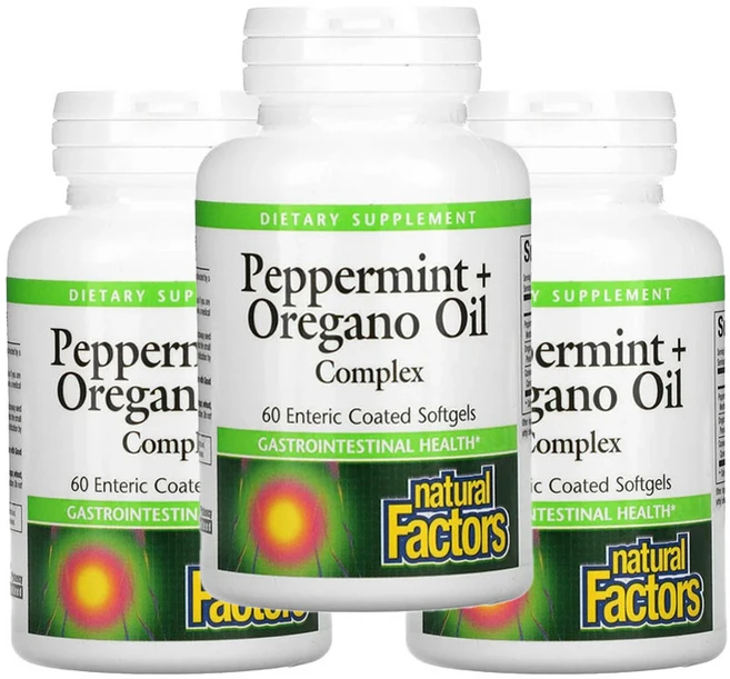 Natural Factors 내추럴 팩터스 페퍼민트 오레가노 오일 복합체 Peppermint Oregano Oil Complex, 3개, 60정 - 쿠팡