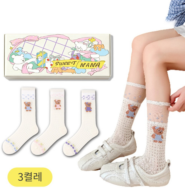 스위트나나 여성용 시스루 땡땡이 곰돌이 얇은 여름 양말 3종 세트