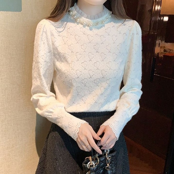 쿠쿠엘리 여성 하트 패턴 진주 넥 프릴 긴팔 블라우스 H47