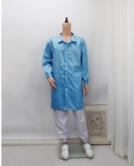 [제전가운] Y카라 스카이블루 화이트 방진복 제전복 크린룸복 무진복 정전기제거, L, 가운(Y), 스카이블루, 1개