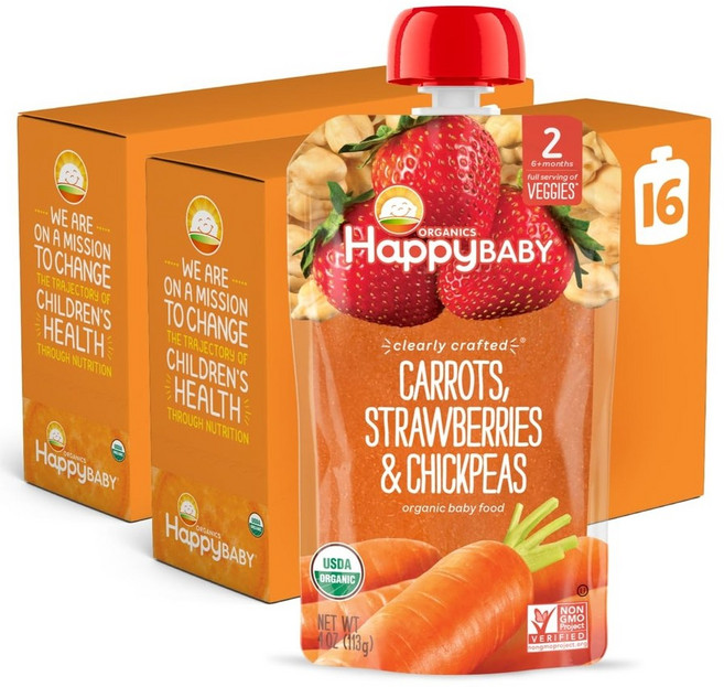 Happy Baby 해피베이비 이유식 파우치 2단계 바나나 라즈베리 오트밀 113g 16개, 1