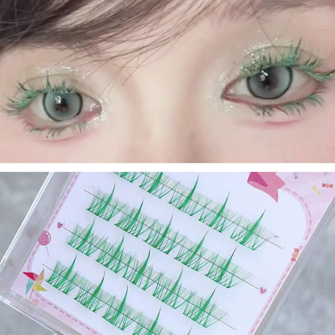 MorningSea 갸루 컬러속눈썹 부분 코스프레 무대용 분장 속눈썹 4줄, 1개, 녹색