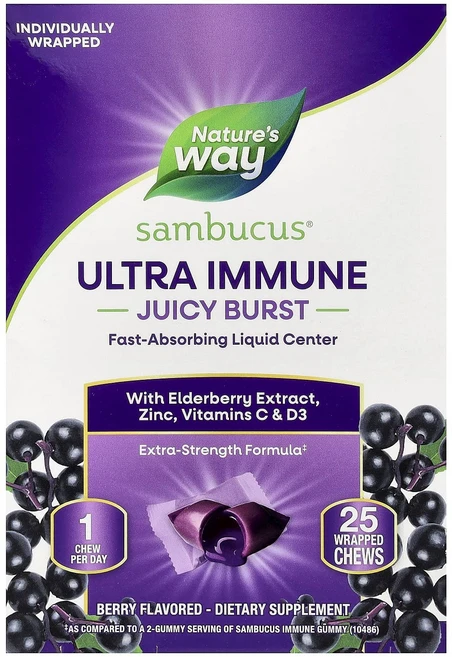 단백질 비타민 철분 마그내슘 칼슘 Nature's Way Sambucus® 울트라 면역 쥬시 버스트 베리 포장 츄 25개 고루고루섭취해주세요, NaturesWaySambucus울트라면역쥬시버스트베리, 1개 - 쿠팡