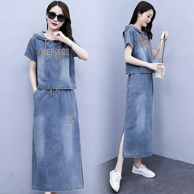 ORZQU 여름 여성 데님 세트 캐주얼 후드 반팔티 하이웨스트 스커트 투피스