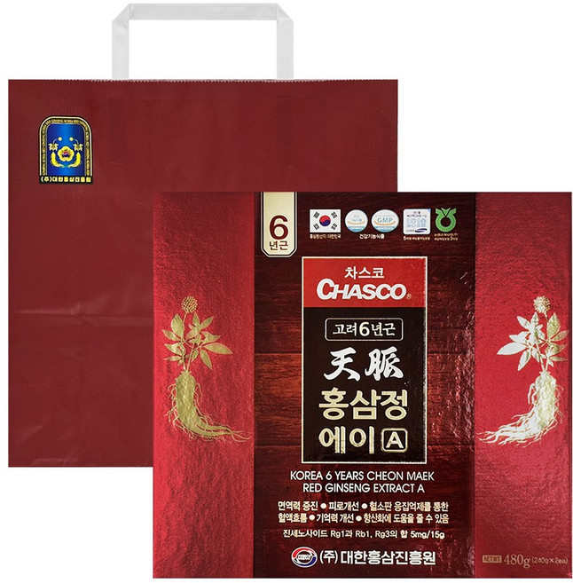 고려 6년근 천맥 홍삼정 에이 A 쇼핑백포함 명절 선물 면역력 피로회복, 2개