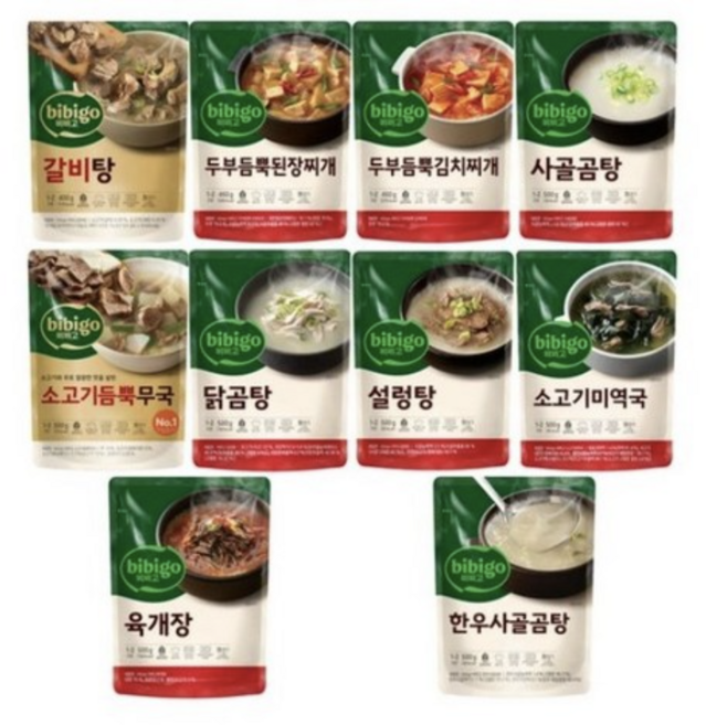 비비고 즉석국 탕 찌개 10종(갈비탕 + 소고기미역국 + 소고기무국 + 소고기장터국 + 콩나물황태국 + 육개장 + 사골곰탕 + 설렁탕 + 닭곰탕 + 된장찌개), 500g, 1세트