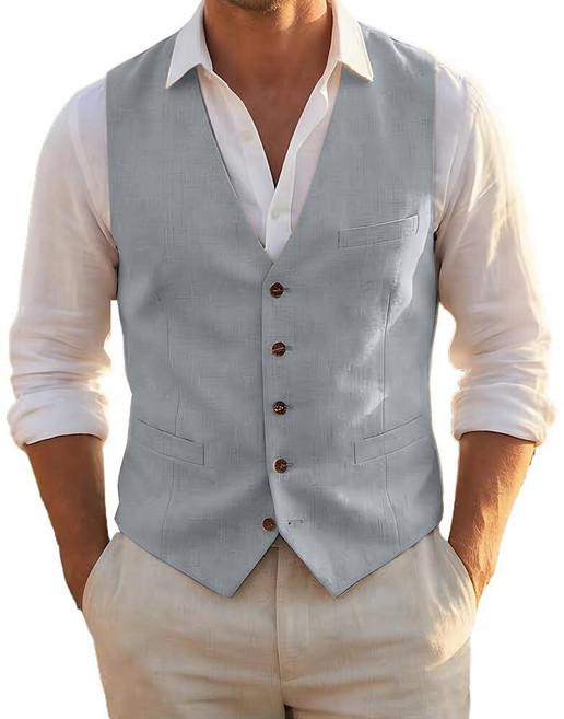 Aowdoy Men Linen Vest Black Casual Suit Vests Regular Fit Beach Wedding Waistcoat For Mens Groomsm