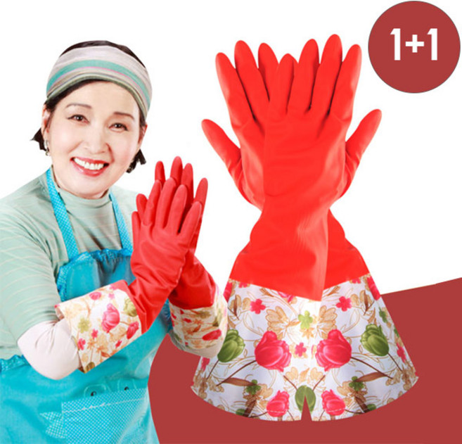1+1 2p 제이케이 기모 고무장갑 설거지 김장 주방용품 가정용 업소용, 레드, 2개