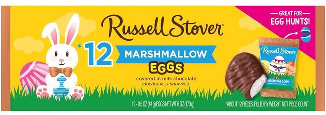 Russell Stover 밀크 초콜릿으로 덮인 마시멜로 계란 개별 포장된 미니 14.2g(0.5온스) 계란 12개 총 170g(6온스) 0.0kg(0.04파운드) 12, Russell Stover 초콜릿 러셀 스토버 마시멜로