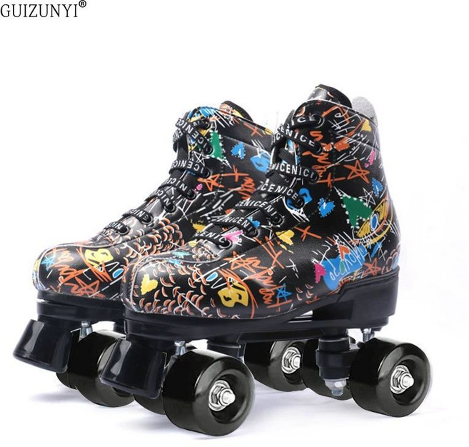 AIRASI 성인용롤러스케이트 성인 스케이트 남녀 휴대용 사이즈조절용, 245(39), 검은색 낙서 + 흰색 바퀴, 1개