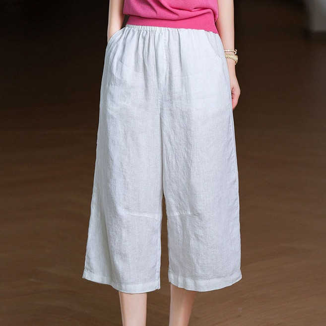 빅사이즈 여름 편안한 와이드핏 7부 팬츠 여성용 면 마 밴딩 허리 루즈핏 날씬한 캐주얼 바지