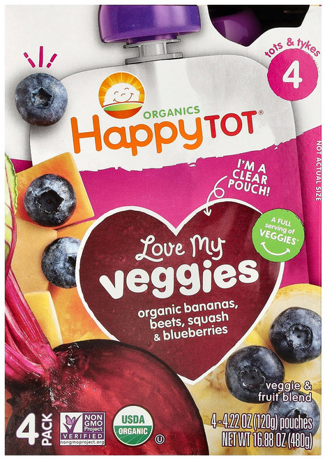 Happy Family Organics Tot® Love My Veggies 4단계 유기농 바나나 비트 스쿼시 및 블루베리 파우치 4개 각 120g(4.22oz, Happy Family Organics, Tot®,