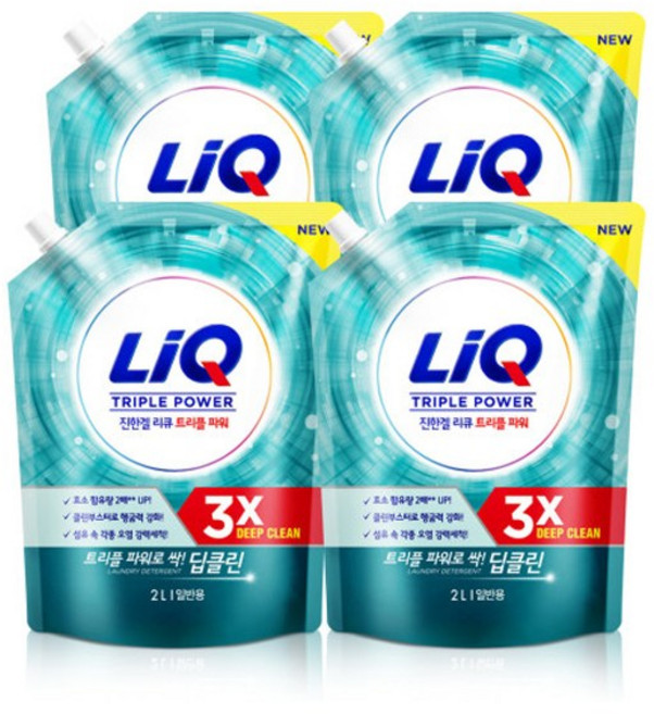 리큐 진한겔 딥클린 트리플파워 일반용 액상세제 리필, 2L, 4개