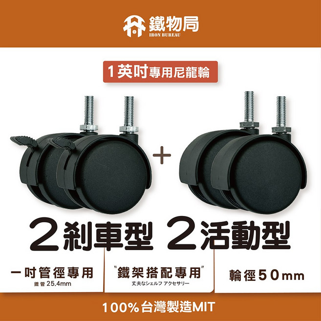 【鐵物局】《一英吋管專用》鐵架配件-鐵架/收納架/層架/波浪架/衣櫥/推車/滑輪/滾輪, 1個, 配件-【5cm尼龍輪】