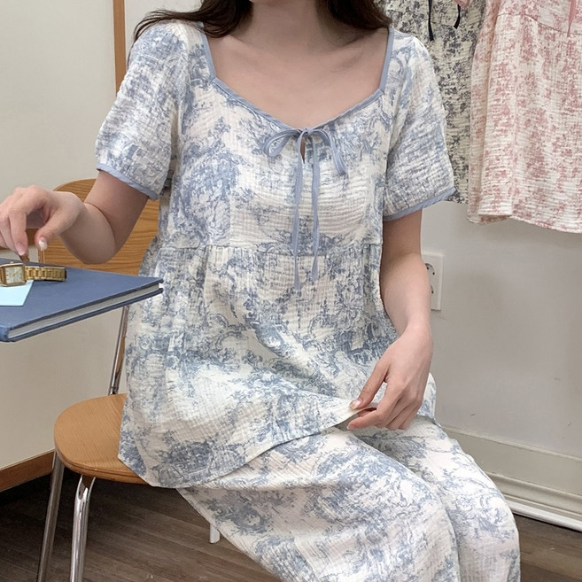 러빙리 리본뮬리 여성 반팔 원피스 잠옷 러블리 파자마 홈웨어 긴바지 상하세트