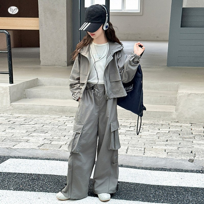 큐엘아리아 여아 바람막이 후드집업 자켓 상하복세트 주니어 츄리닝복 세트 오버핏 바스락 바지 투피스(26002)