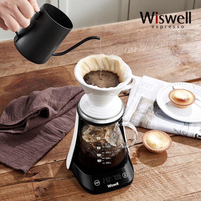 위즈웰 스마트 원터치 전자 핸드드립 커피 메이커 드리퍼 세트 WC2901, 블랙&화이트