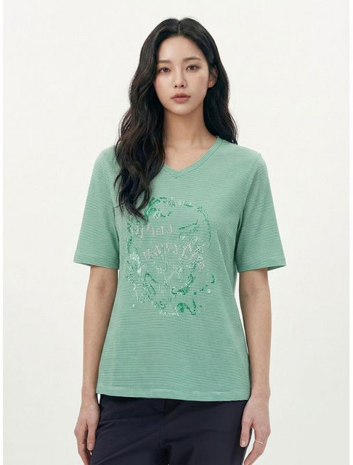 올리비아하슬러 그린 스트라이프 브이넥 반팔 티셔츠 OHCMTS904