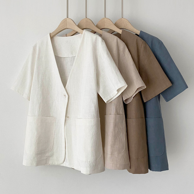 메일린 고퀄 5부 린넨 여름 루즈핏 노카라 마 여성 여자 반팔 숏 크롭 자켓 정장 하객룩 아우터