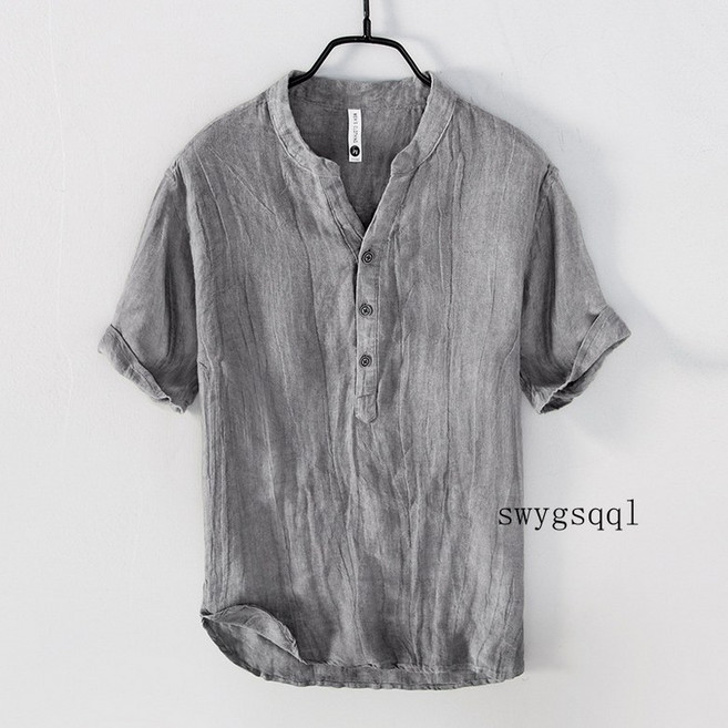 swygsqql 남성 린넨 반팔 티셔츠 남성 캐주얼 스탠드 칼라 풀오버 셔츠 대형 복고풍 얇은 면 린넨 상의