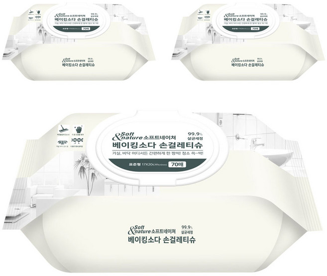 소프트네이쳐 베이킹소다 손걸레티슈 캡형 습식, 65g, 70매, 3개