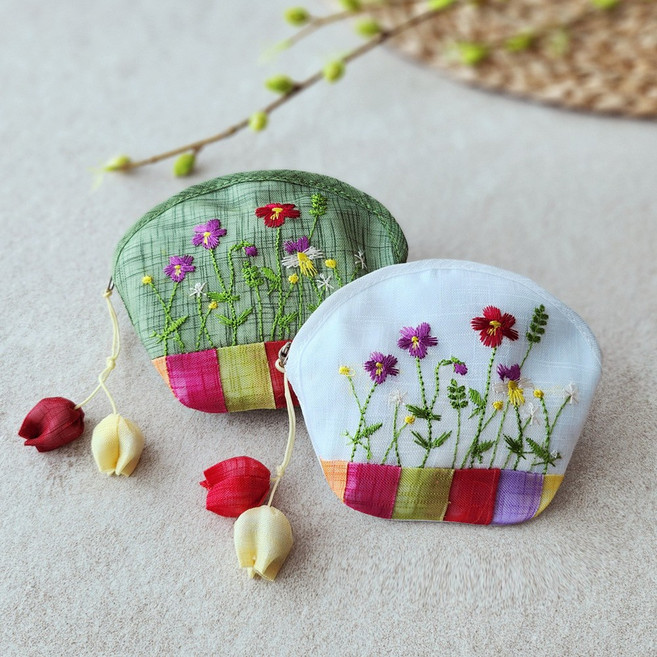 한국민예 전통 모시 꽃자수 동전지갑 미니파우치 외국인선물, 흰색, 1개