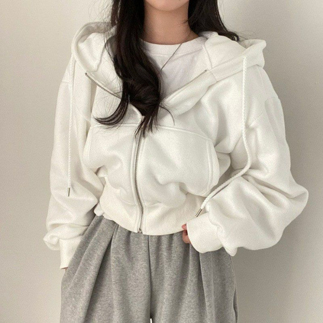 韓系 Chic 秋冬 簡約氣質 抽繩連帽 短款寬鬆 長袖衛衣 開衫外套 女
