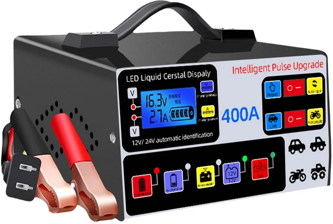 400A 자동차 배터리 충전기 220W 헤비 듀티 스마트 12V/24V 고전력 고속 자체 정지, 01 US PLUG, 2) US Plug