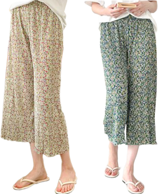 클로비티 플라워 냉감 와이드팬츠 8부 통바지 여름 여성 주름 팬츠 2종세트