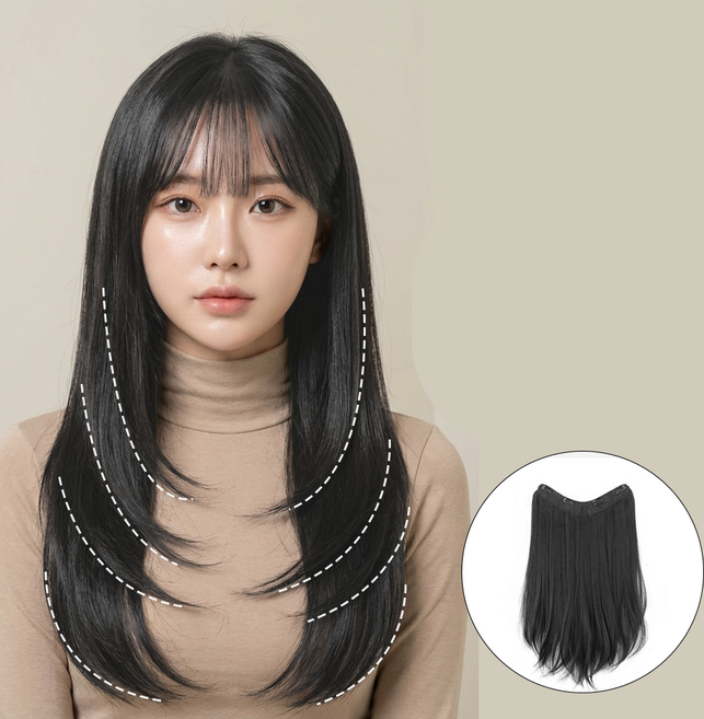 미르엘 여성 반가발 C컬 레이어드 붙임머리, 1개, 내추럴 블랙