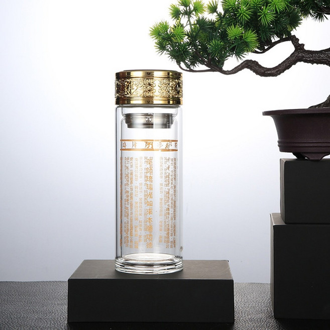 雙層防燙大容量玻璃水杯，附帶濾網，可供茶飲或佛供, 1個, 藥師
