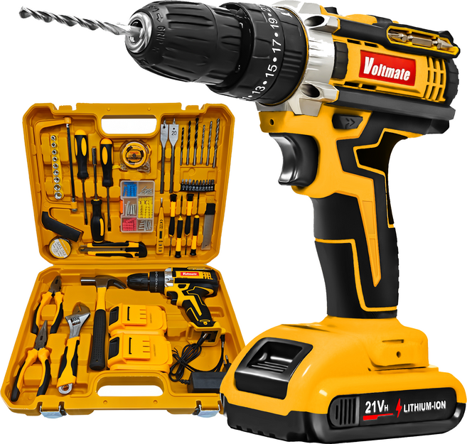 VoltMate 독일 21V 다용도 전동드릴 35N 빅토크해머드릴무선 가정용전동드라이버 임팩트드릴 해머전동드릴 다용도 118종 액세서리 세트, 본체+풀옵션+배터리2개, 1세트