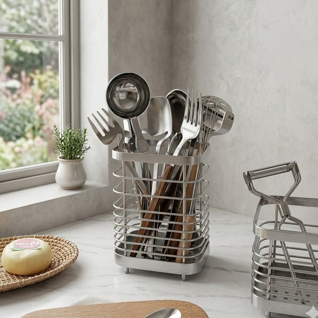 물빠짐 스테인리스 실버 수저통 수저정리함, 1개, 스텐 대형