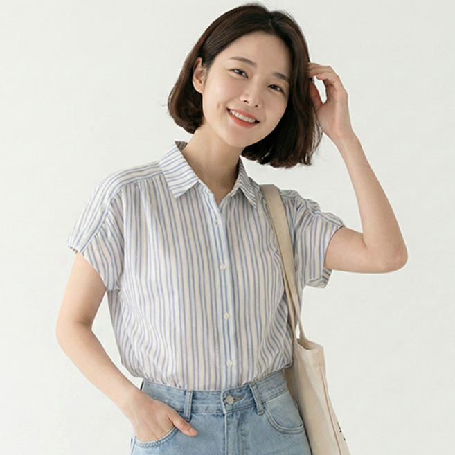 데일로엔 여성 스트라이프 반팔 여름 셔츠 데일리 남방 블라우스