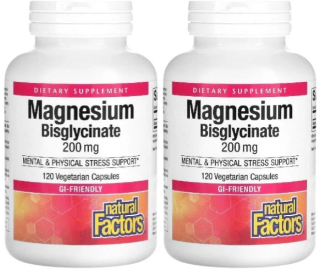 네츄럴팩터스 마그네슘 비스글리시네이트 200mg 120베지캡슐 비건, 120캡슐 2개, 2병 - 쿠팡