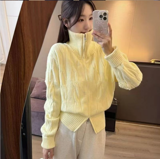 체인지쉬(change she)여성 터틀넥 꽈배기 투웨이 지퍼 니트 집업 가디건