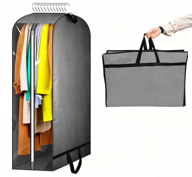 HahnRay부직포 와이드 옷커버 휴대용 옷커버 가방형 손잡이 있음 측면투명 디자인 대용량60*110*25cm, 1세트, 1개입