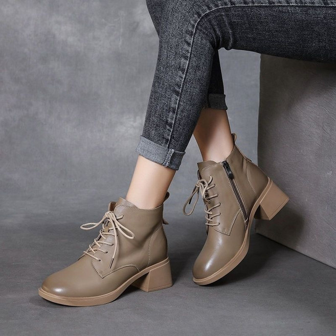 Asure 여자 미끄럼 방지 미들힐 옆지퍼 키높이 부츠 앵클 부츠