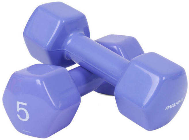 아이워너 아이워너 PVC 뷰티 육각 덤벨 5kg 2개입 세트 감성적인컬러 블루베리 안전한 라운딩모서리, 2개