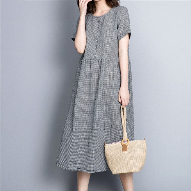 스타일아유 린넨 체크 롱원피스 여성 반팔 여름 루즈핏 날씬한 잔체크 원피스 OP1432