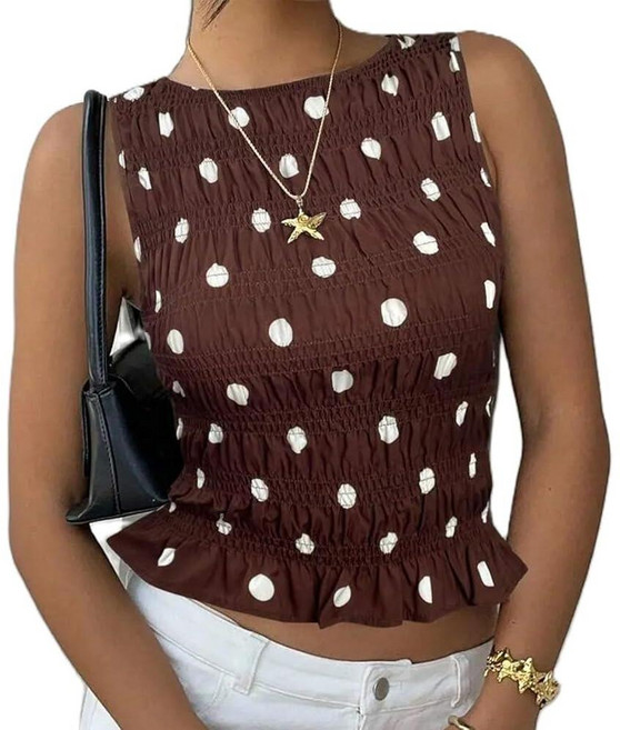 Women Shirred Sleeveless Tops Y2K Polka Dot Smocked Ruffle Tank Tops Plaid Boat Neck Ruched Shirt, Coffee