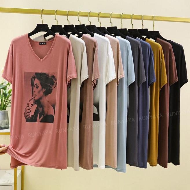 RUNYAYA 다양한색깔 브이넥 반팔 모달 티셔츠 데일리 편안한 포인트 패턴 롱티 여름용 홈웨어 빅사이즈 여름티