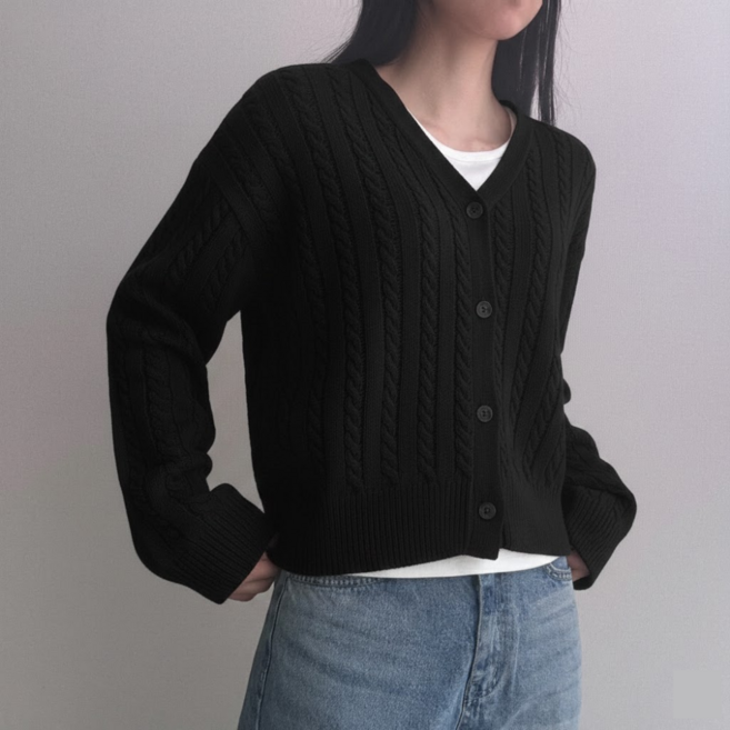 파츠 여성용 브이넥 꽈배기 니트 가디건 루즈핏 스웨터