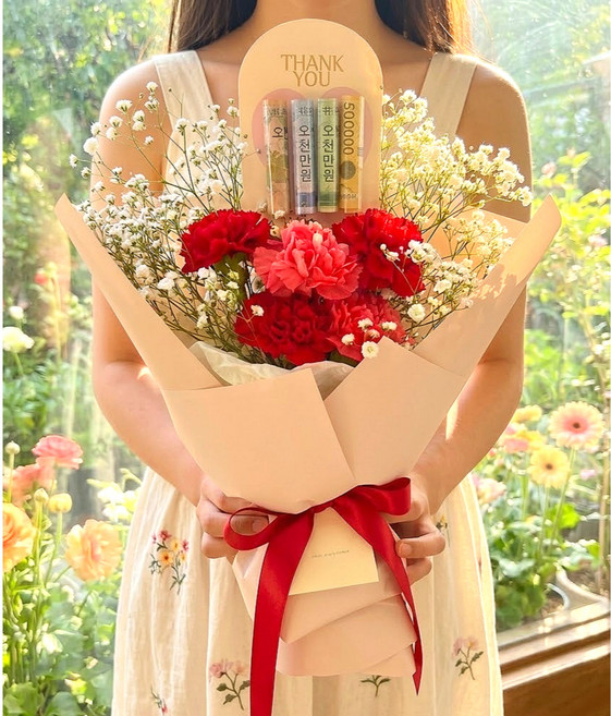 주말배송 신선보장 카네이션 생화 LED 안개꽃다발 +용돈클립 아르띠콜로, 레드 꽃송이수, 5개