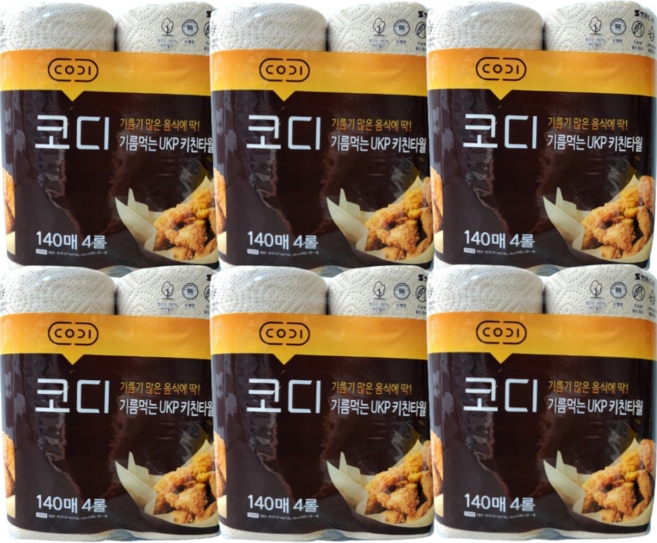 코디 기름먹는 UKP 무표백 키친타월 140매 4입 X 6팩, 6박스