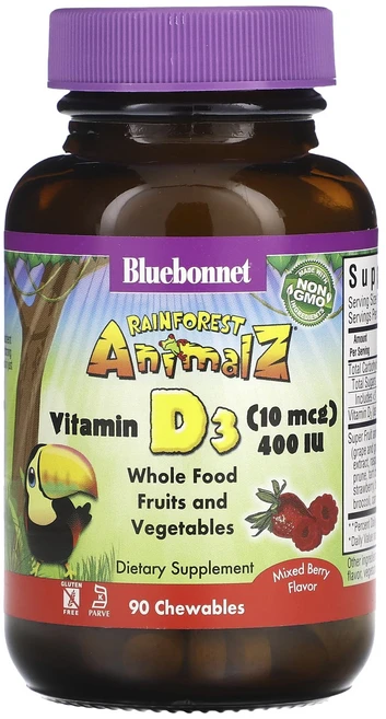 Bluebonnet Nutrition Rainforest Animalz 비타민D3 내추럴 믹스드 베리 맛 400 IU 츄어블 90정, BluebonnetNutritionRainforestA, 1개 - 쿠팡