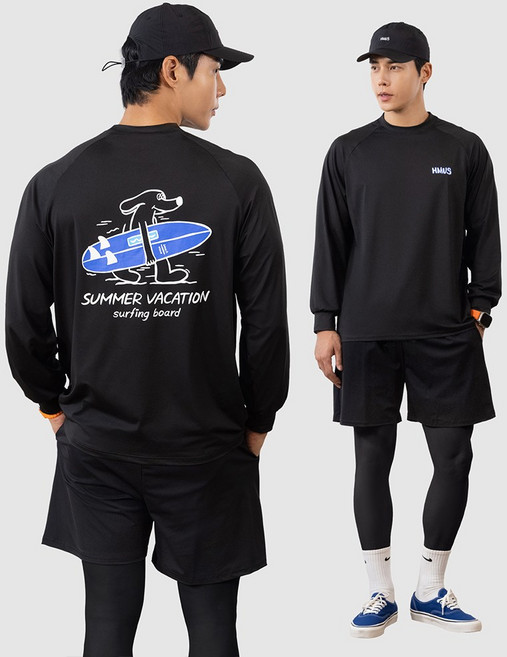 남자 루즈핏 래쉬가드 상의 + 반바지 레깅스 하의 수영복 비치웨어 세트